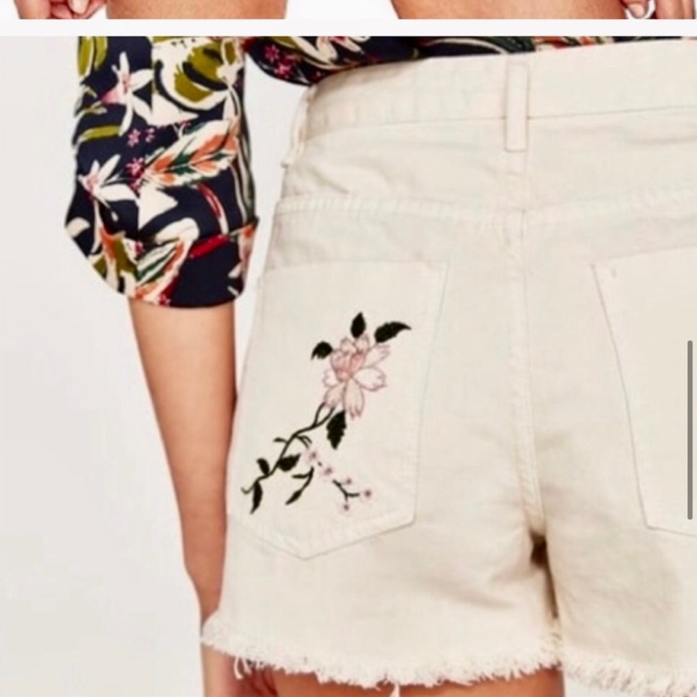 ZARA BASICS CREAM SHORTS WITH FLORAL EMBROIDERY - Picture 2 of 8